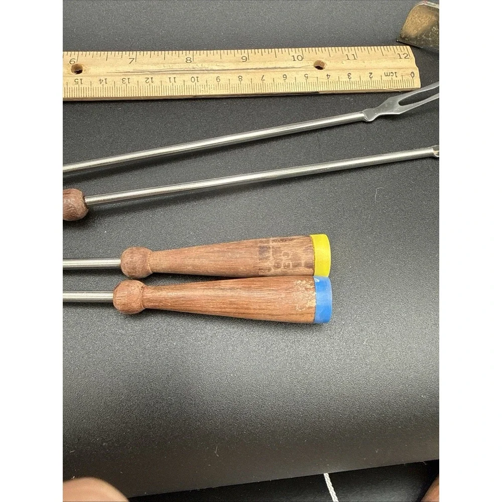 Set Of 6 Vintage 1960/1970 MCM Wooden Handled Fondue Forks Orig Box Japan No Lid